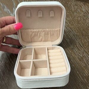 Square white leather case with off white velvet mini jewelry travel case